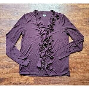 CONVERSE ONE STAR Ruffle Top Blouse Womens V Neck Long Sleeve Striped Maroon Lg